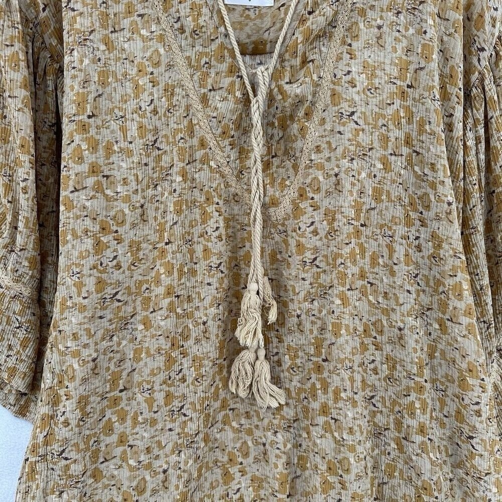 Storia Mustard Yellow Floral Tassel Tunic Midi Dress Boho Revival Cottagecore S - Picture 3 of 8